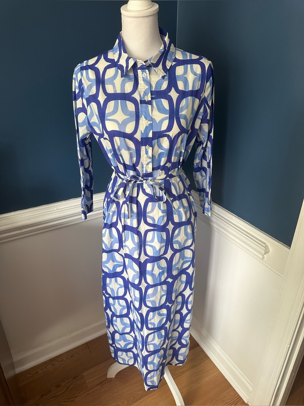 Vilagallo Blue & White Geometric Print Belted Maxi Shirt Dress
